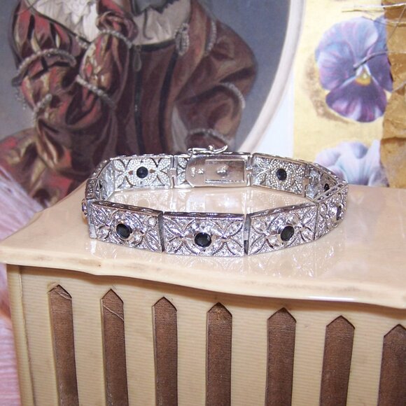 DBJ Dee Berkley Art Deco Revival Sterling Silver Blue Sapphire CZ Link Bracelet - Picture 6 of 9